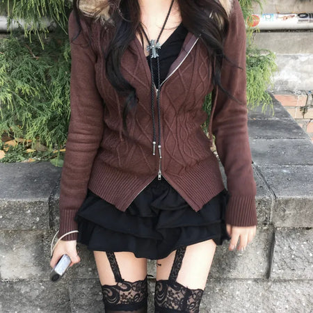 Brown Fur Zip-up Hoodie Knit Cable Unique Y2K