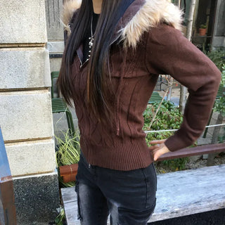 Brown Fur Zip-up Hoodie Knit Cable Unique Y2K