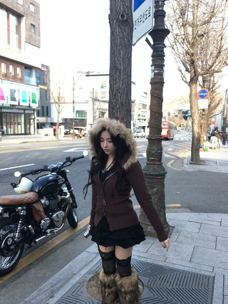 Brown Fur Zip-up Hoodie Knit Cable Unique Y2K
