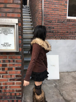 Brown Fur Zip-up Hoodie Knit Cable Unique Y2K