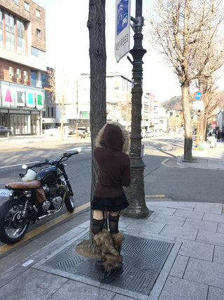 Brown Fur Zip-up Hoodie Knit Cable Unique Y2K