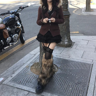 Brown Fur Zip-up Hoodie Knit Cable Unique Y2K