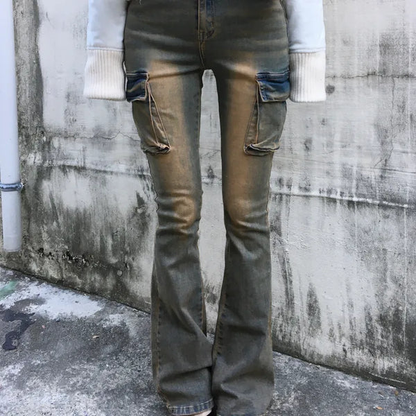 Vintage Pocket Bootcut Denim Pants Stretch Cargo Washed