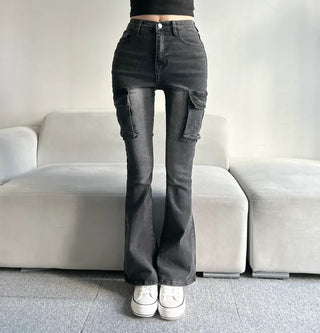 Vintage Pocket Bootcut Denim Pants Stretch Cargo Washed