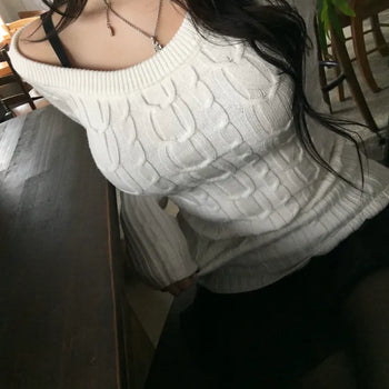 Slim Off-shoulder Cable Knit Long Sleeve Round Neck
