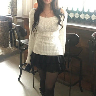 Slim Off-shoulder Cable Knit Long Sleeve Round Neck