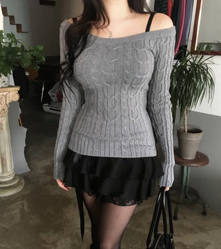 Slim Off-shoulder Cable Knit Long Sleeve Round Neck