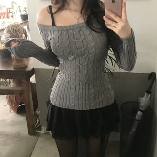Slim Off-shoulder Cable Knit Long Sleeve Round Neck
