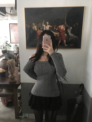 Slim Off-shoulder Cable Knit Long Sleeve Round Neck