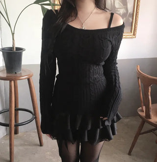 Slim Off-shoulder Cable Knit Long Sleeve Round Neck