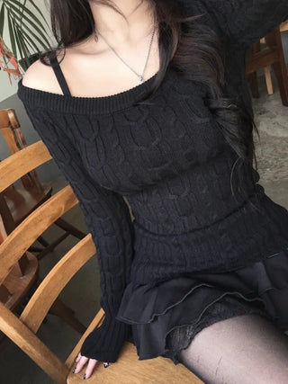 Slim Off-shoulder Cable Knit Long Sleeve Round Neck