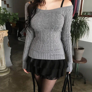 Slim Off-shoulder Cable Knit Long Sleeve Round Neck