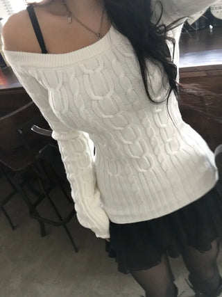 Slim Off-shoulder Cable Knit Long Sleeve Round Neck