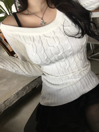 Slim Off-shoulder Cable Knit Long Sleeve Round Neck