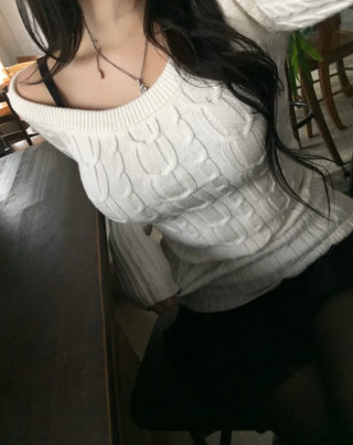 Slim Off-shoulder Cable Knit Long Sleeve Round Neck