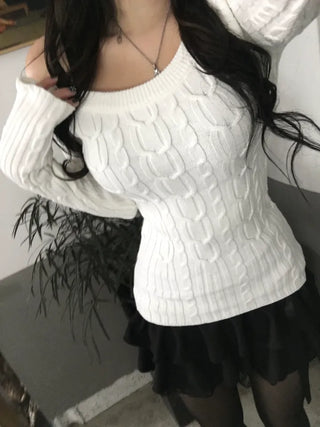 Slim Off-shoulder Cable Knit Long Sleeve Round Neck