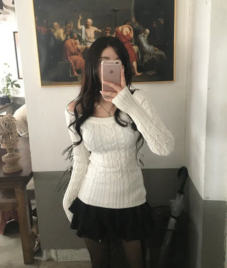 Slim Off-shoulder Cable Knit Long Sleeve Round Neck