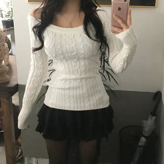 Slim Off-shoulder Cable Knit Long Sleeve Round Neck