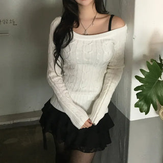 Slim Off-shoulder Cable Knit Long Sleeve Round Neck