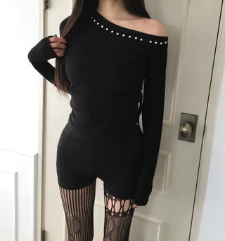 Studded Half-Off-Shoulder Side-Slit Long-Sleeve T-Shirt. Daily Perfect Shot