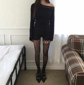 Studded Half-Off-Shoulder Side-Slit Long-Sleeve T-Shirt. Daily Perfect Shot