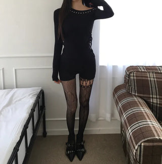 Studded Half-Off-Shoulder Side-Slit Long-Sleeve T-Shirt. Daily Perfect Shot