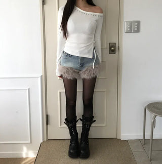 Studded Half-Off-Shoulder Side-Slit Long-Sleeve T-Shirt. Daily Perfect Shot