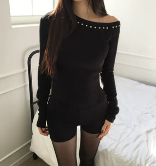 Studded Half-Off-Shoulder Side-Slit Long-Sleeve T-Shirt. Daily Perfect Shot