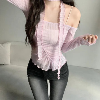 Asymmetrical See-through Shirred Long Sleeve Scarf Set Tee