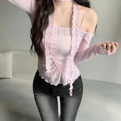 Asymmetrical See-through Shirred Long Sleeve Scarf Set Tee
