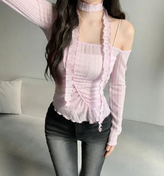 Asymmetrical See-through Shirred Long Sleeve Scarf Set Tee