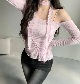 Asymmetrical See-through Shirred Long Sleeve Scarf Set Tee