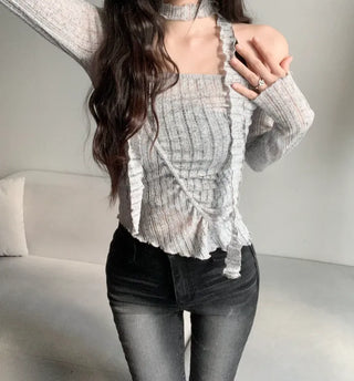 Asymmetrical See-through Shirred Long Sleeve Scarf Set Tee