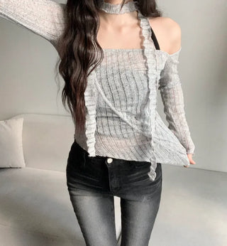 Asymmetrical See-through Shirred Long Sleeve Scarf Set Tee