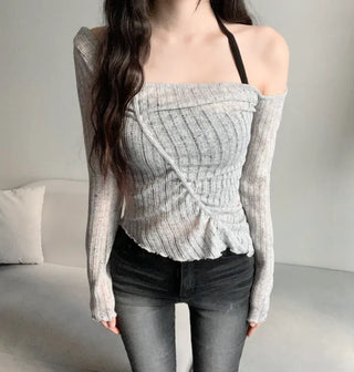 Asymmetrical See-through Shirred Long Sleeve Scarf Set Tee