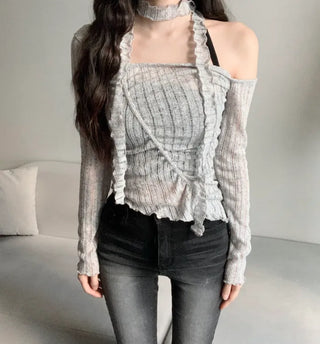 Asymmetrical See-through Shirred Long Sleeve Scarf Set Tee