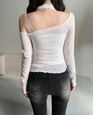 Asymmetrical See-through Shirred Long Sleeve Scarf Set Tee