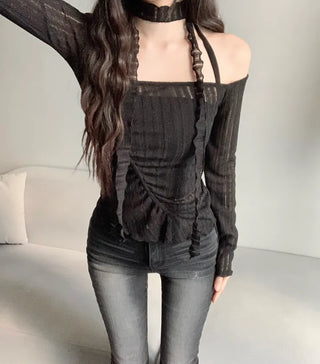 Asymmetrical See-through Shirred Long Sleeve Scarf Set Tee