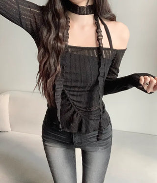Asymmetrical See-through Shirred Long Sleeve Scarf Set Tee