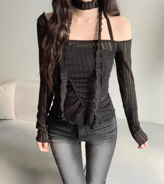 Asymmetrical See-through Shirred Long Sleeve Scarf Set Tee