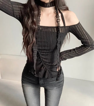 Asymmetrical See-through Shirred Long Sleeve Scarf Set Tee