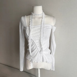 Asymmetrical See-through Shirred Long Sleeve Scarf Set Tee