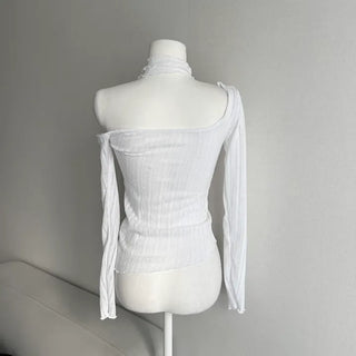 Asymmetrical See-through Shirred Long Sleeve Scarf Set Tee