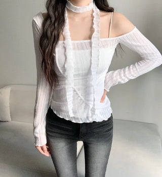 Asymmetrical See-through Shirred Long Sleeve Scarf Set Tee
