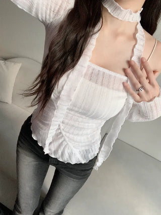 Asymmetrical See-through Shirred Long Sleeve Scarf Set Tee