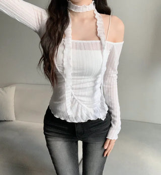 Asymmetrical See-through Shirred Long Sleeve Scarf Set Tee