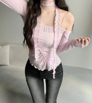 Asymmetrical See-through Shirred Long Sleeve Scarf Set Tee