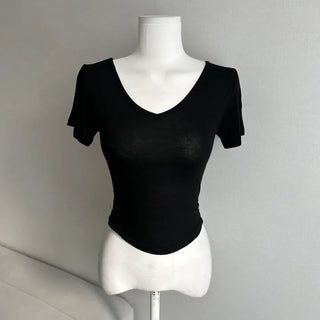 V-neck Rolled Hem Short Sleeve Crop Top Tee