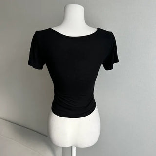 V-neck Rolled Hem Short Sleeve Crop Top Tee