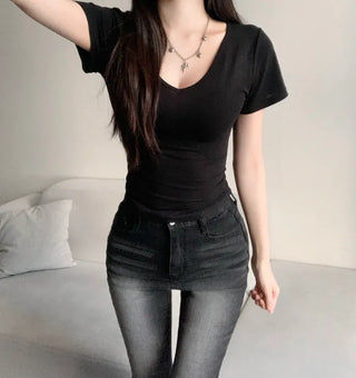 V-neck Rolled Hem Short Sleeve Crop Top Tee